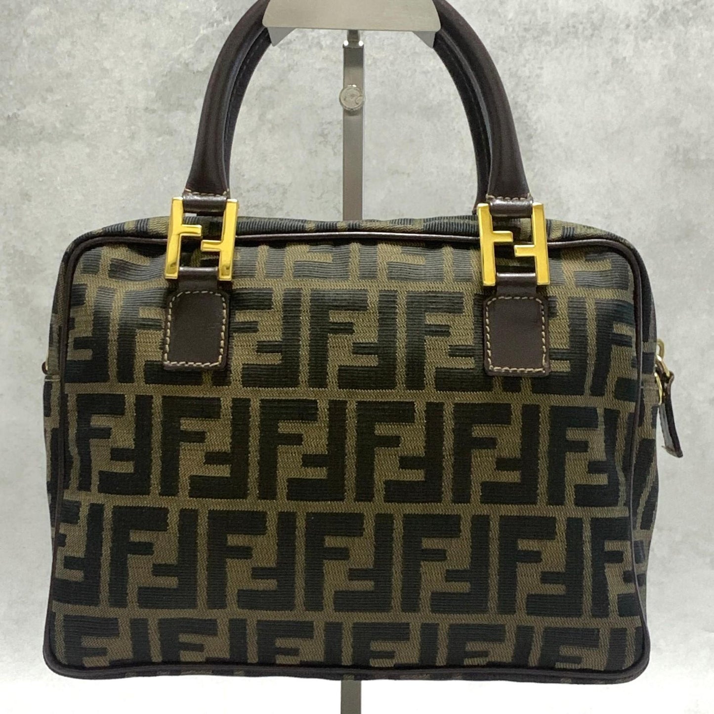 FENDI Bag FF Zucca Hand Tote Purse Canvas Leather Brown Gold  Used Authentic