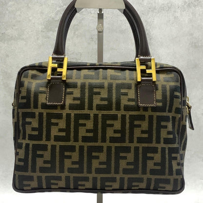 FENDI Bag FF Zucca Hand Tote Purse Canvas Leather Brown Gold  Used Authentic