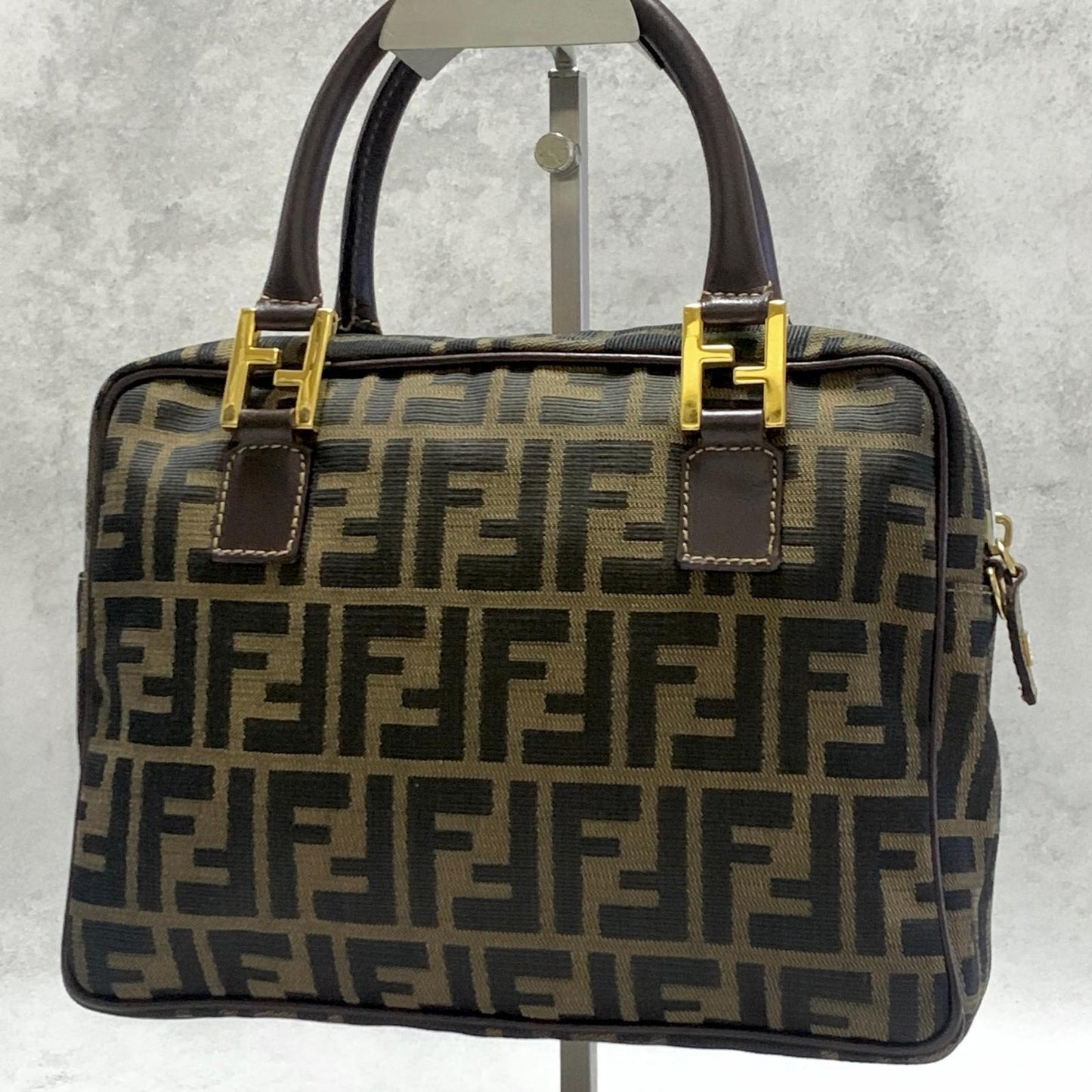 FENDI Bag FF Zucca Hand Tote Purse Canvas Leather Brown Gold  Used Authentic