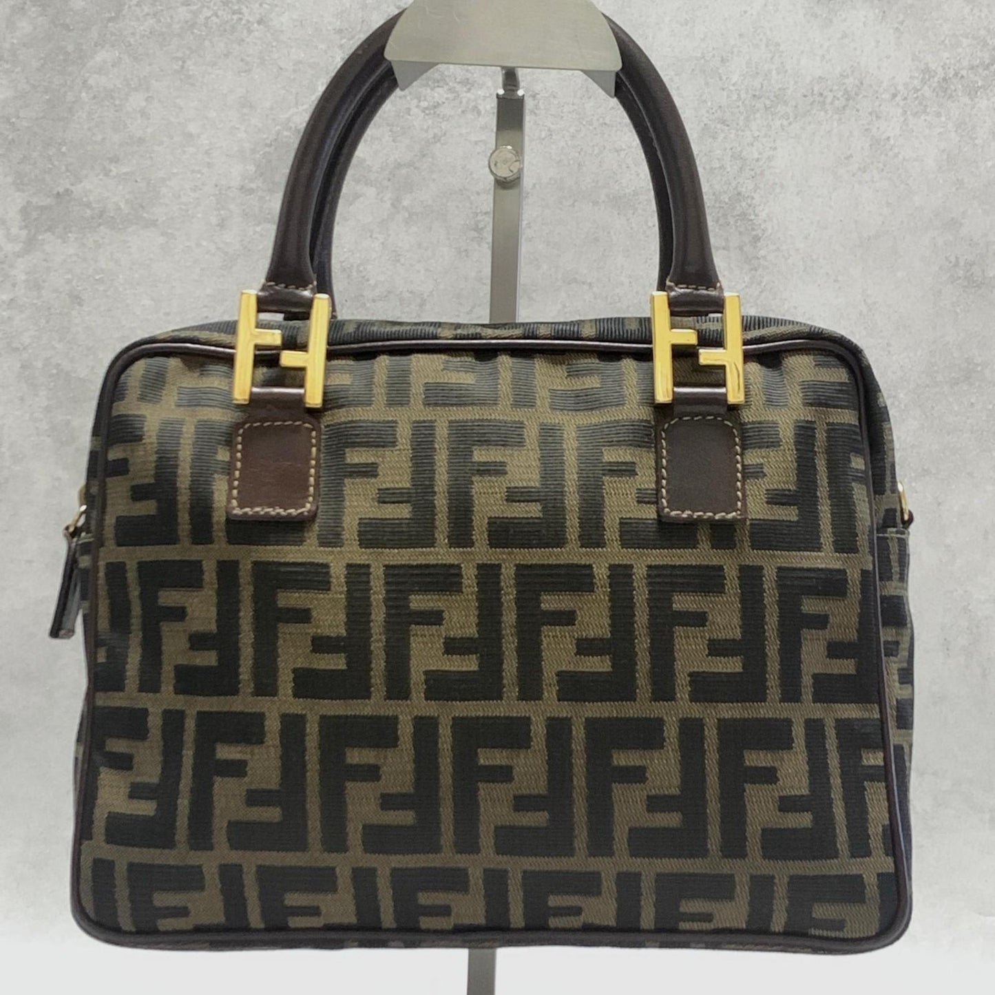 FENDI Bag FF Zucca Hand Tote Purse Canvas Leather Brown Gold  Used Authentic