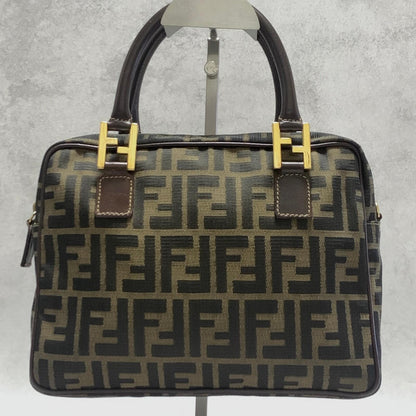 FENDI Bag FF Zucca Hand Tote Purse Canvas Leather Brown Gold  Used Authentic