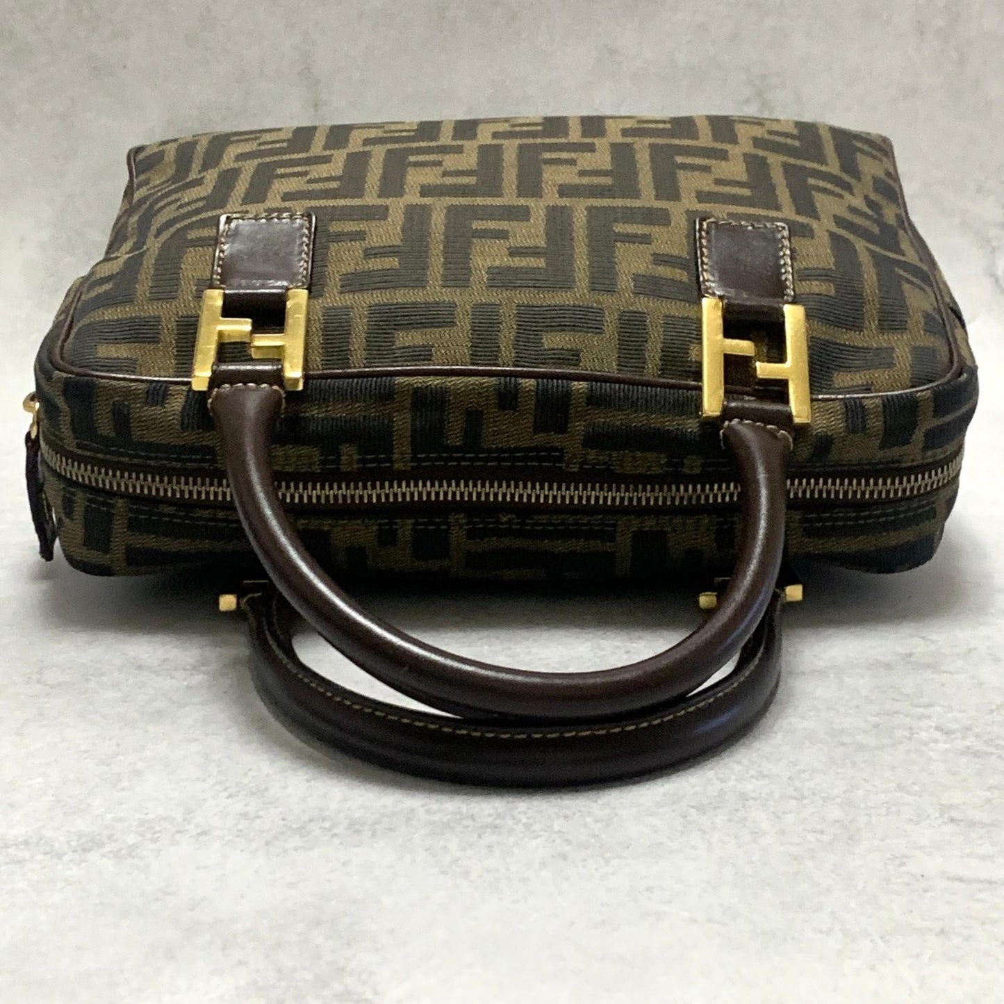 FENDI Bag FF Zucca Hand Tote Purse Canvas Leather Brown Gold  Used Authentic