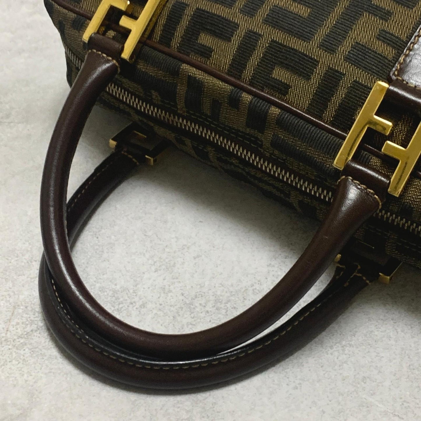 FENDI Bag FF Zucca Hand Tote Purse Canvas Leather Brown Gold  Used Authentic