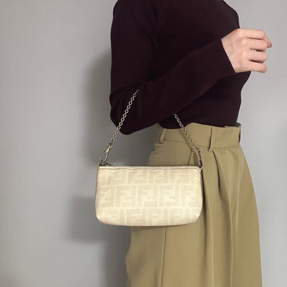 FENDI Bag Nano Baguette Chain Hand Tote Purse Leather White Gold Authentic