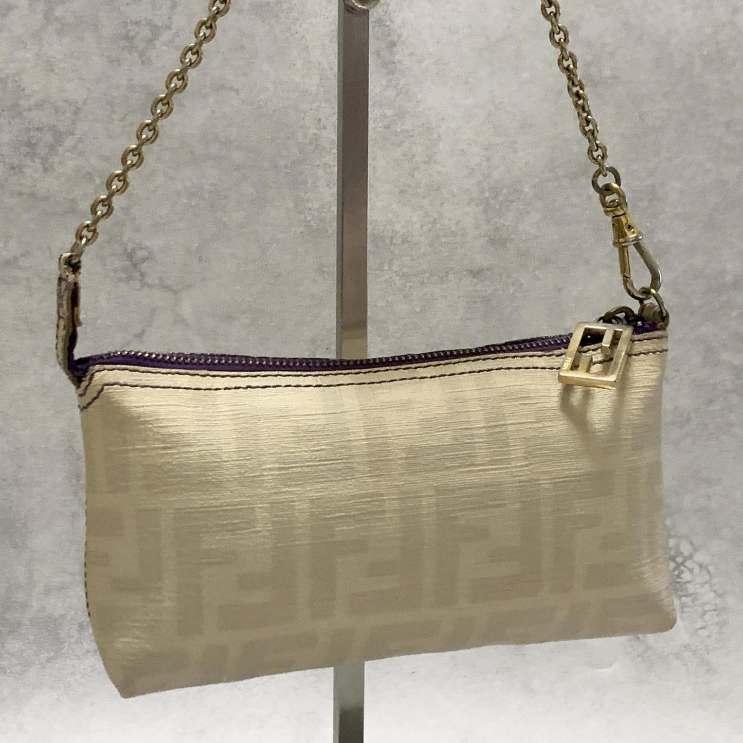 FENDI Bag Nano Baguette Chain Hand Tote Purse Leather White Gold Authentic
