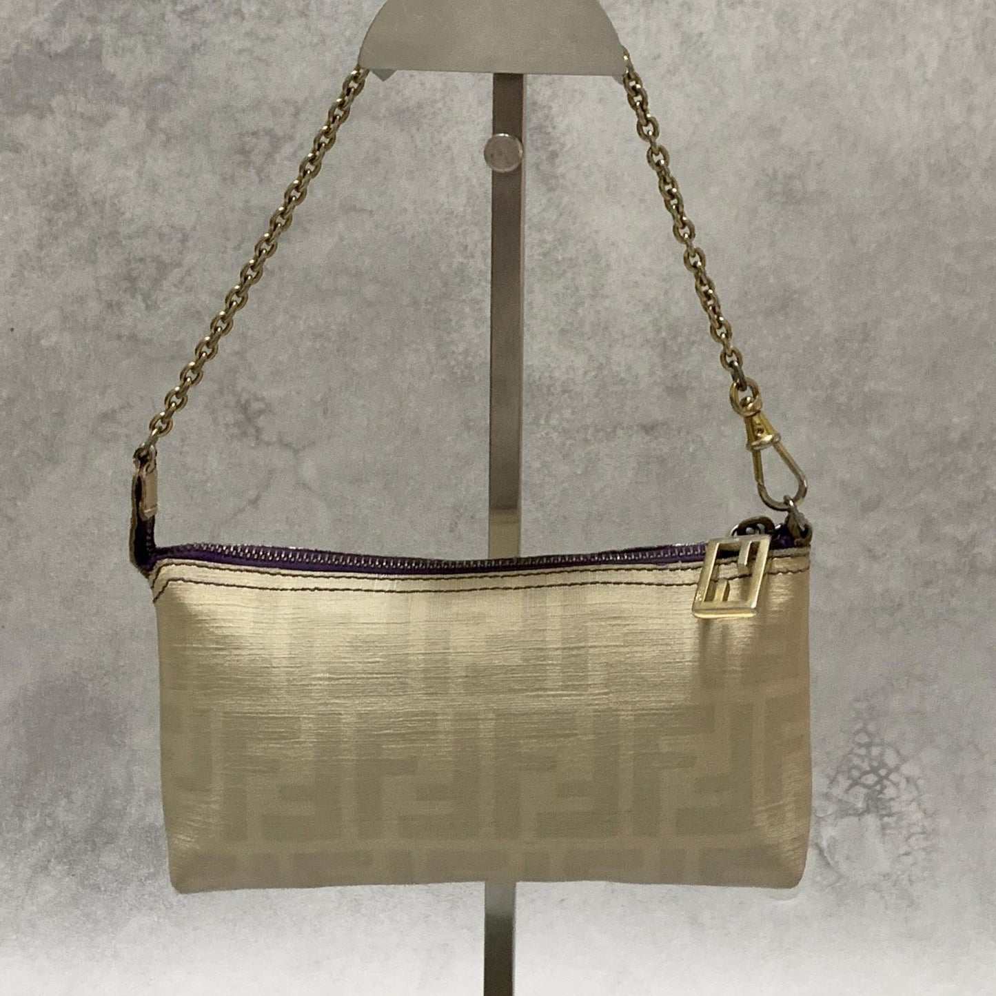 FENDI Bag Nano Baguette Chain Hand Tote Purse Leather White Gold Authentic