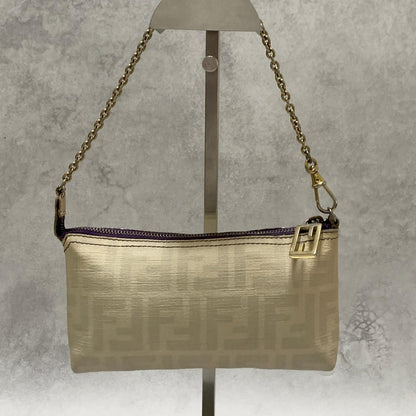 FENDI Bag Nano Baguette Chain Hand Tote Purse Leather White Gold Authentic