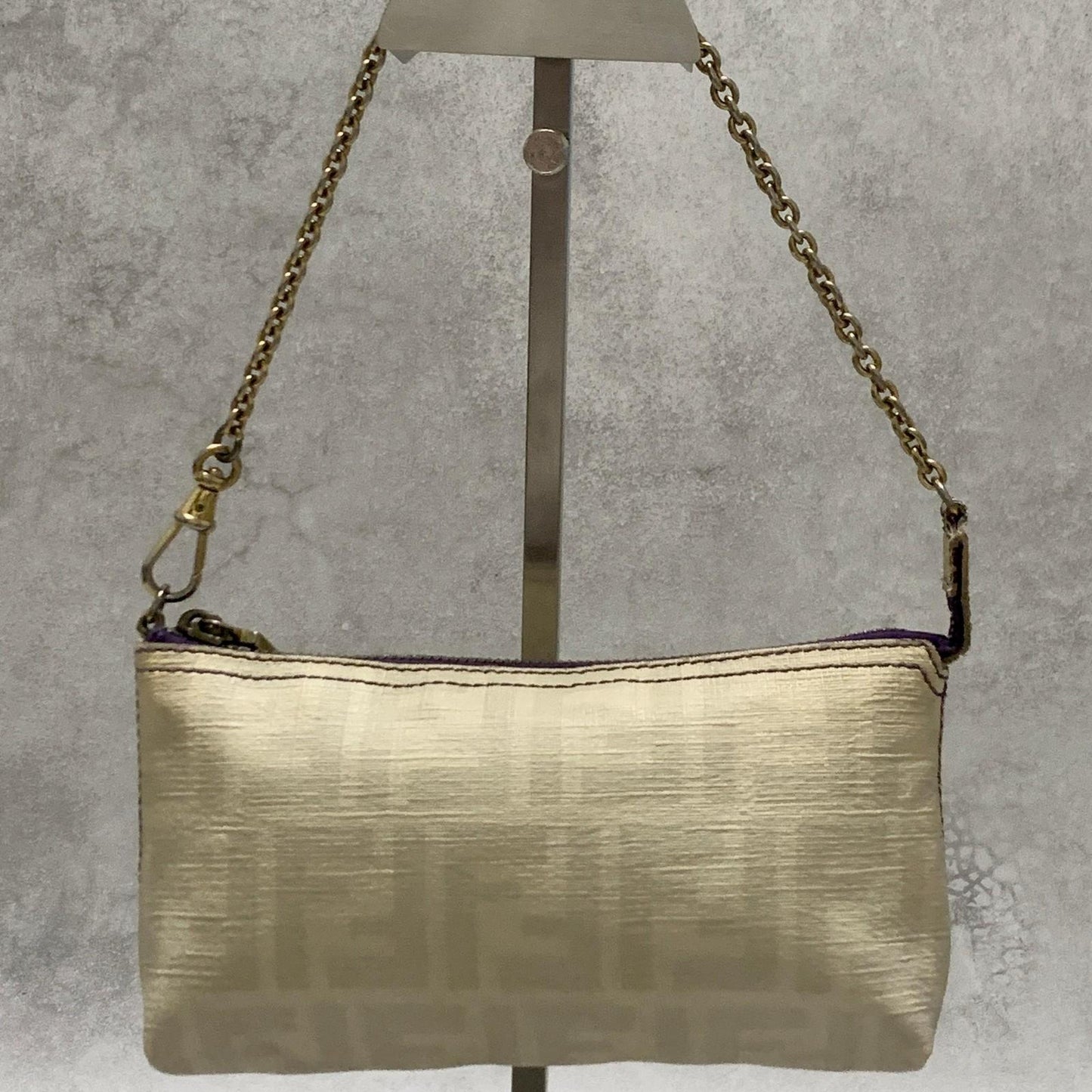 FENDI Bag Nano Baguette Chain Hand Tote Purse Leather White Gold Authentic