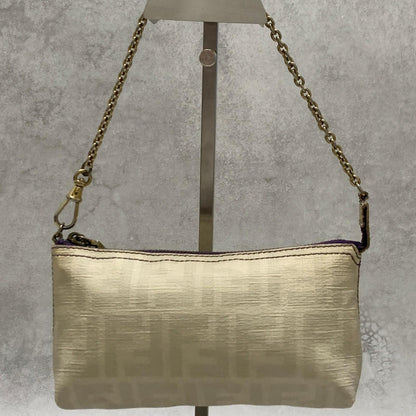 FENDI Bag Nano Baguette Chain Hand Tote Purse Leather White Gold Authentic