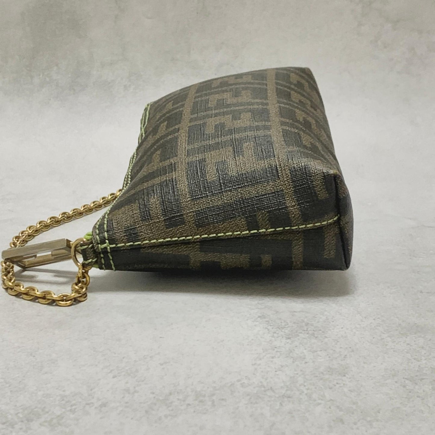 FENDI Bag FF Zucca PVC Chain Hand Tote Purse Leather Brown Green Gold Authentic