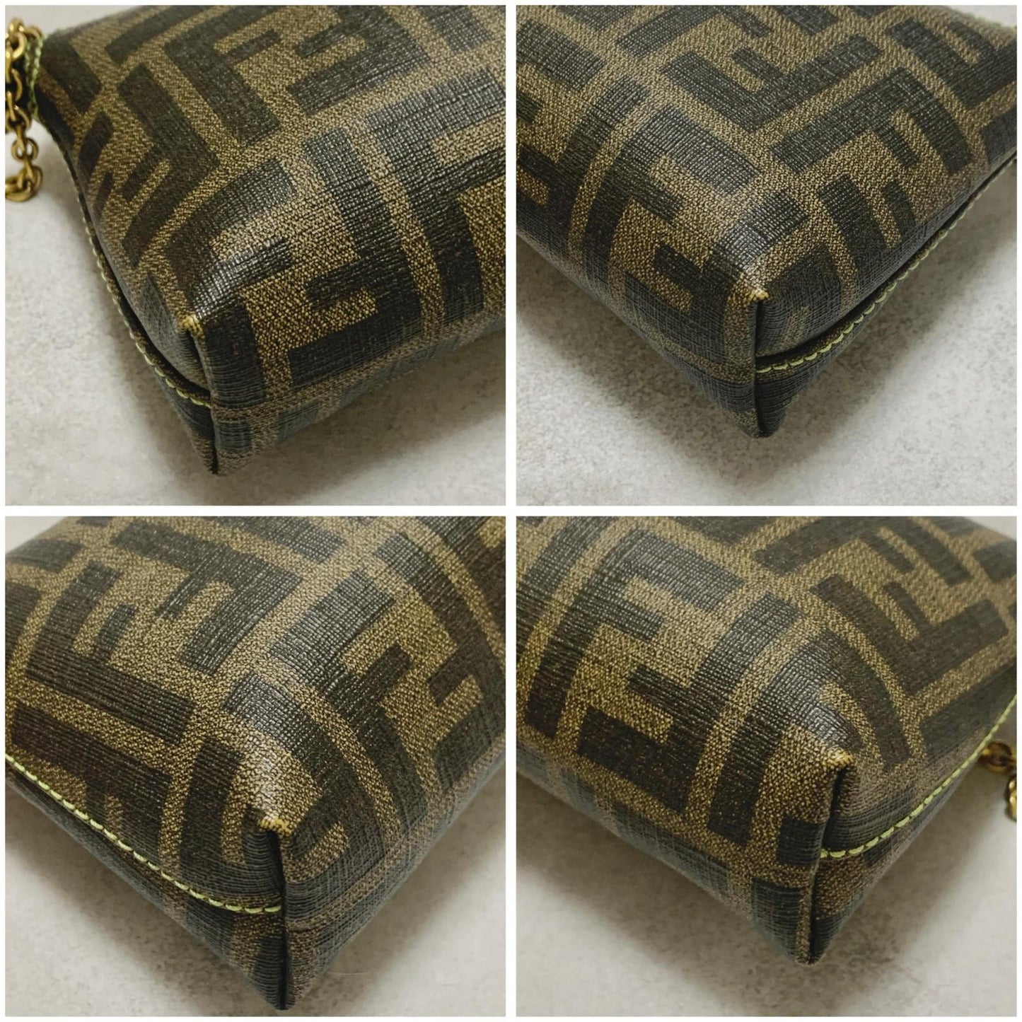 FENDI Bag FF Zucca PVC Chain Hand Tote Purse Leather Brown Green Gold Authentic