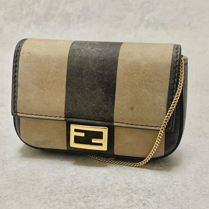FENDI Bag Zucca PVC Chain FF Shoulder Purse PVC Beige Black Gold Authentic