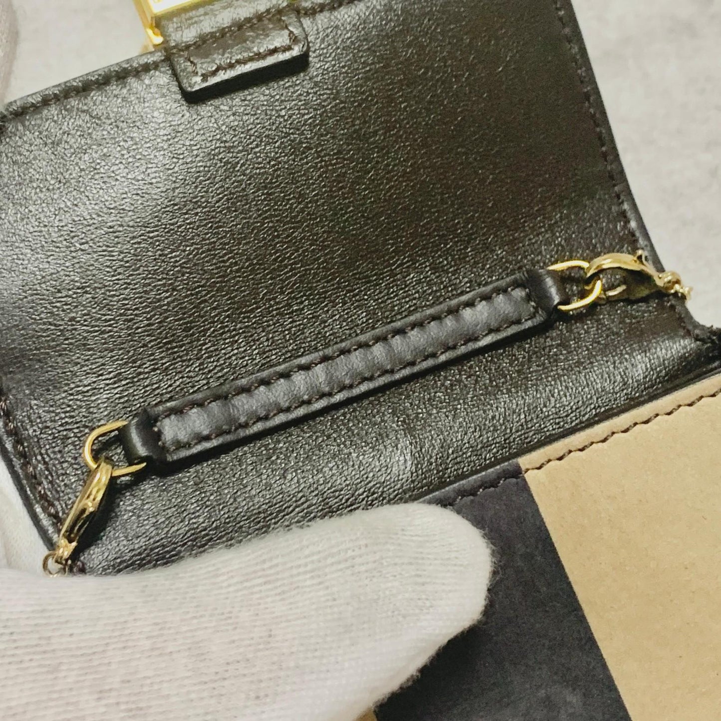 FENDI Bag Zucca PVC Chain FF Shoulder Purse PVC Beige Black Gold Authentic
