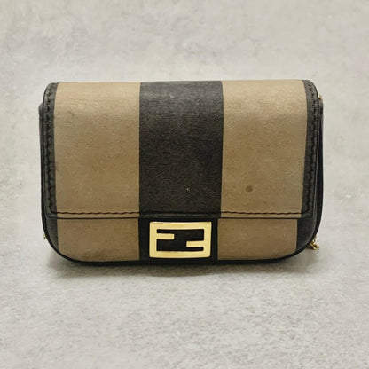 FENDI Bag Zucca PVC Chain FF Shoulder Purse PVC Beige Black Gold Authentic