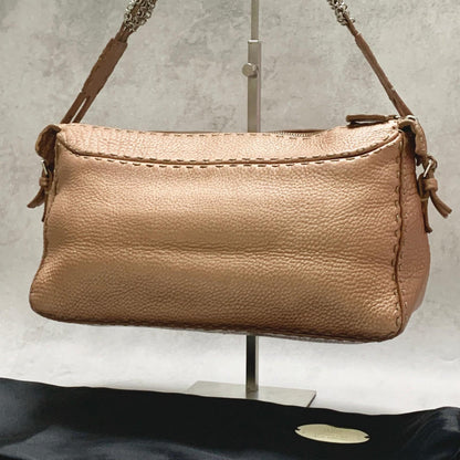 FENDI Bag Selleria Chain Shoulder Purse Leather Brown Silver Used Authentic