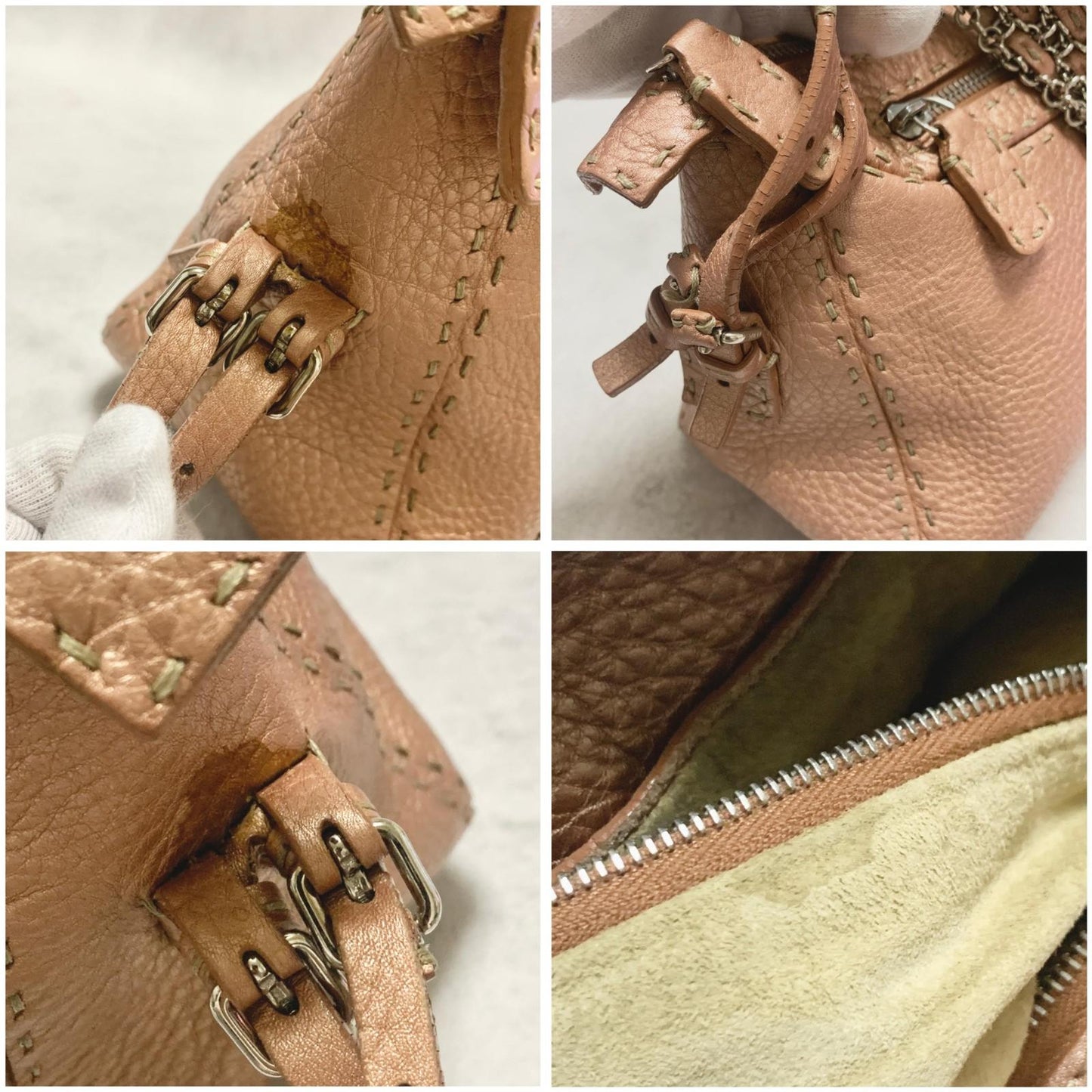 FENDI Bag Selleria Chain Shoulder Purse Leather Brown Silver Used Authentic