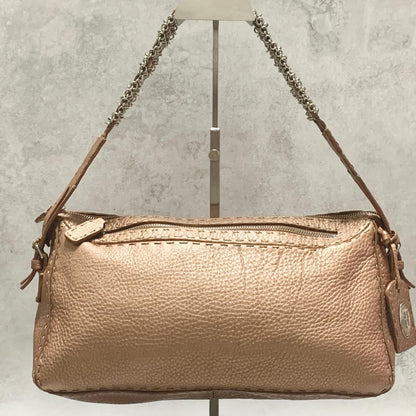 FENDI Bag Selleria Chain Shoulder Purse Leather Brown Silver Used Authentic
