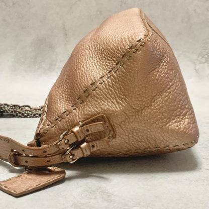 FENDI Bag Selleria Chain Shoulder Purse Leather Brown Silver Used Authentic