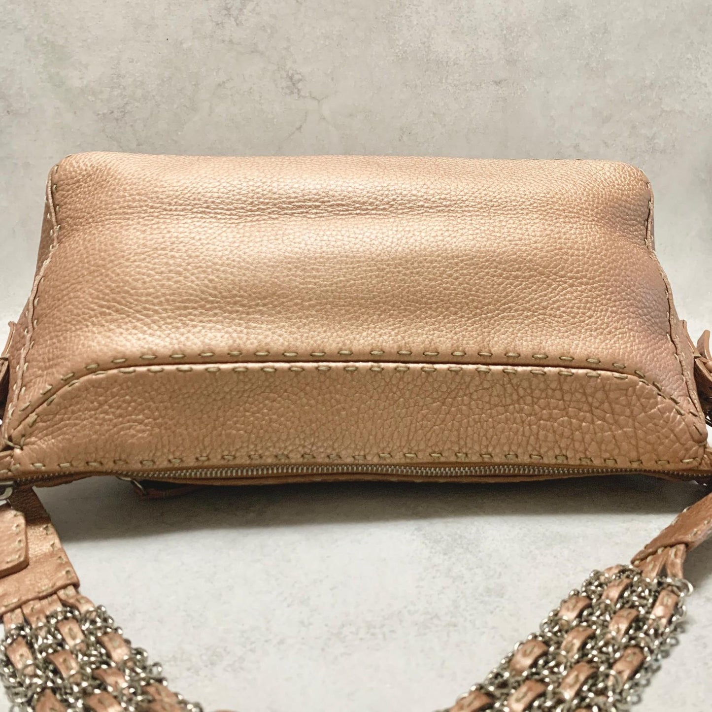 FENDI Bag Selleria Chain Shoulder Purse Leather Brown Silver Used Authentic