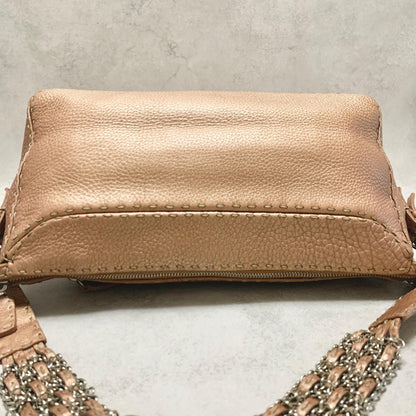 FENDI Bag Selleria Chain Shoulder Purse Leather Brown Silver Used Authentic