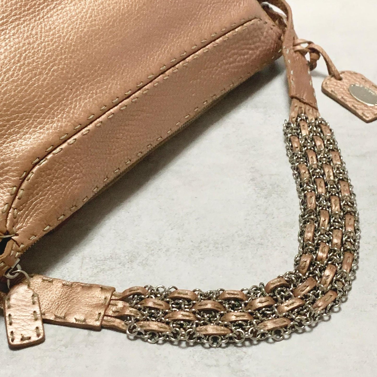FENDI Bag Selleria Chain Shoulder Purse Leather Brown Silver Used Authentic