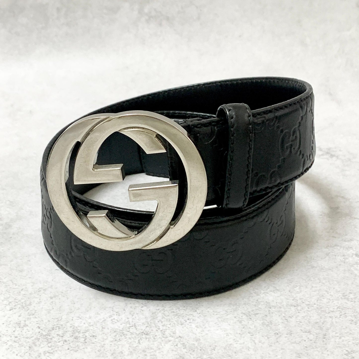 GUCCI Belt GG Shima Leather Black Silver Used Authentic