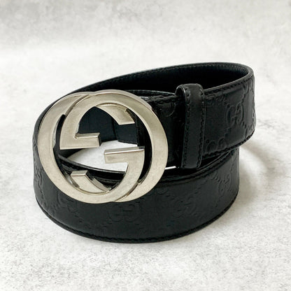 GUCCI Belt GG Shima Leather Black Silver Used Authentic