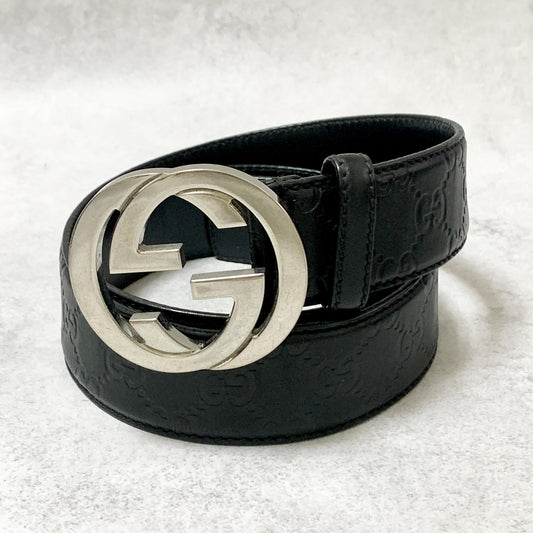 GUCCI Belt GG Shima Leather Black Silver Used Authentic