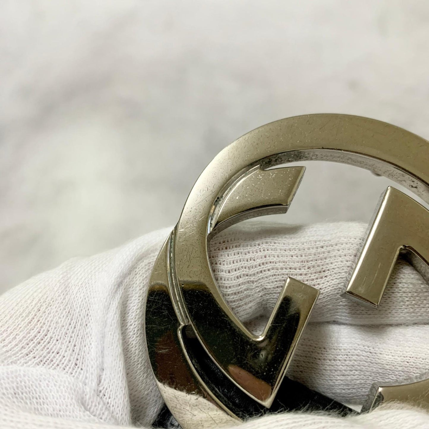 GUCCI Belt GG Shima Leather Black Silver Used Authentic