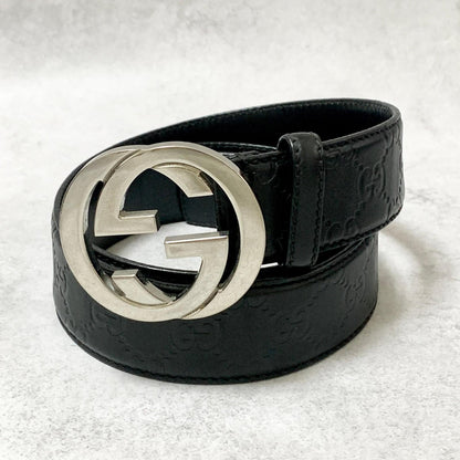 GUCCI Belt GG Shima Leather Black Silver Used Authentic