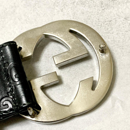 GUCCI Belt GG Shima Leather Black Silver Used Authentic