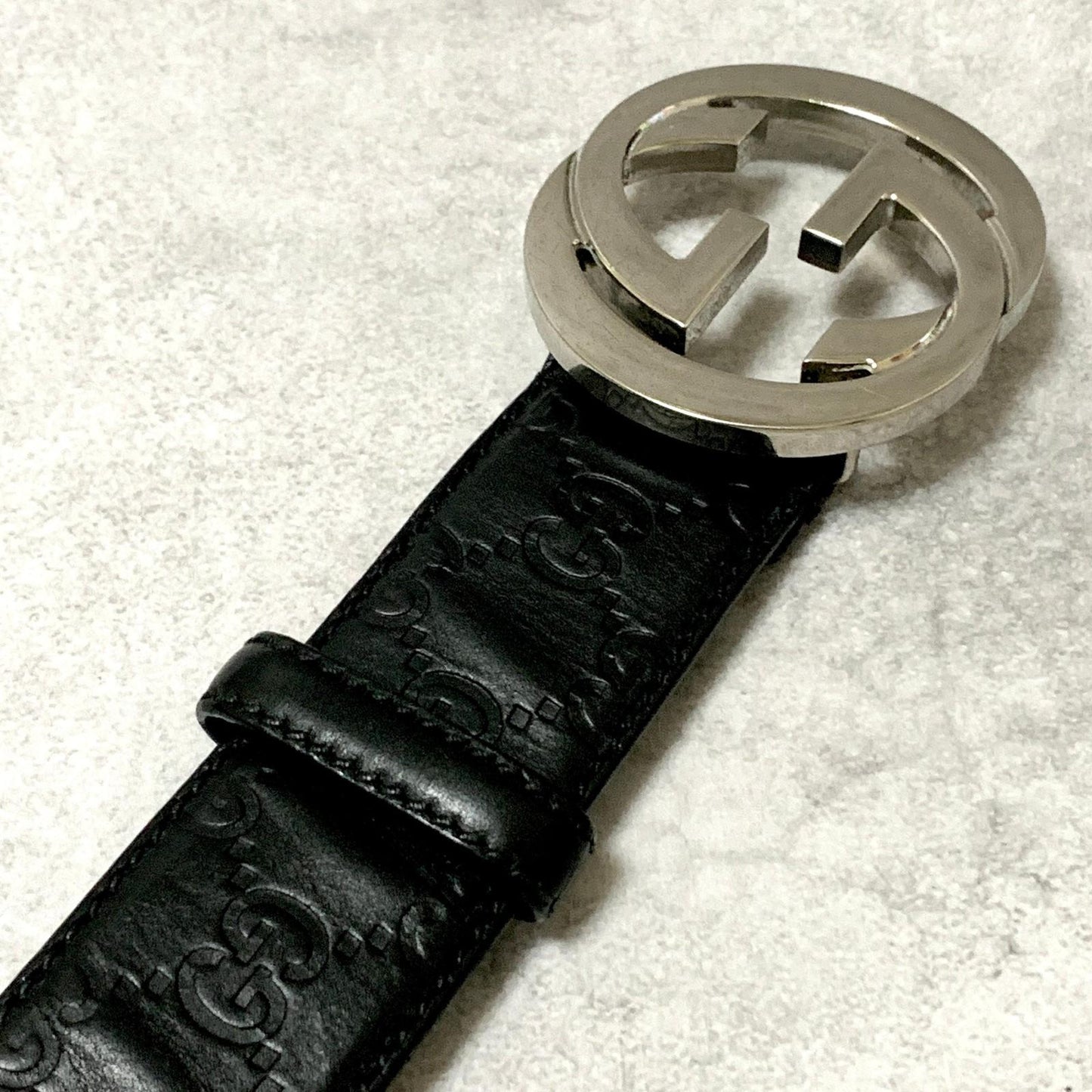 GUCCI Belt GG Shima Leather Black Silver Used Authentic