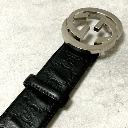 GUCCI Belt GG Shima Leather Black Silver Used Authentic