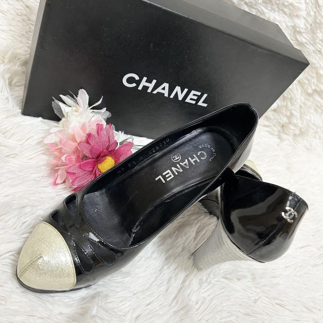 CHANEL Shoes Pumps Heel Cocomark EU 37 US 7 Black White Authentic