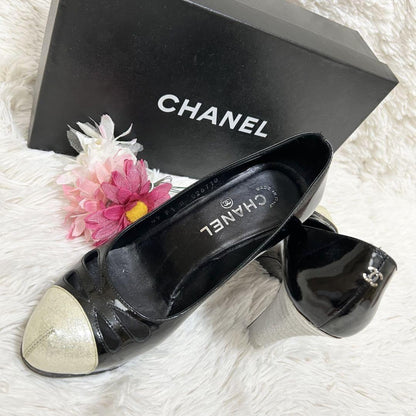 CHANEL Shoes Pumps Heel Cocomark EU 37 US 7 Black White Authentic