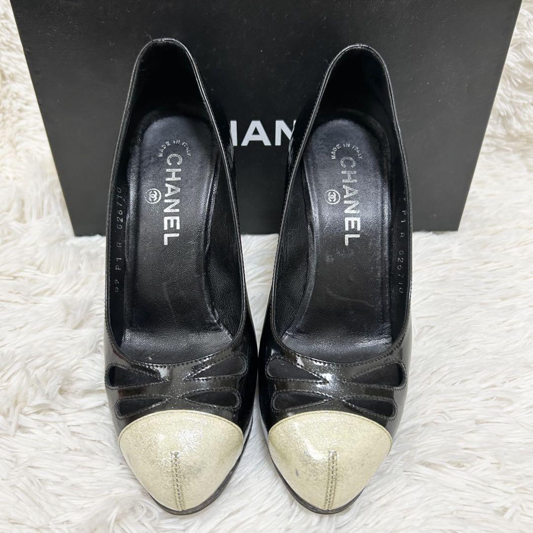 CHANEL Shoes Pumps Heel Cocomark EU 37 US 7 Black White Authentic