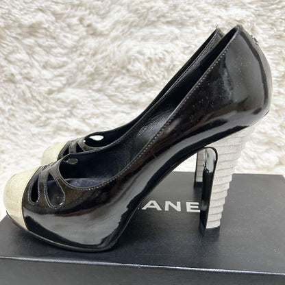 CHANEL Shoes Pumps Heel Cocomark EU 37 US 7 Black White Authentic