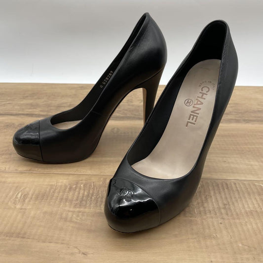CHANEL Shoes Pumps Heel Cocomark EU 38.5 US 8.5 Leather Black Authentic