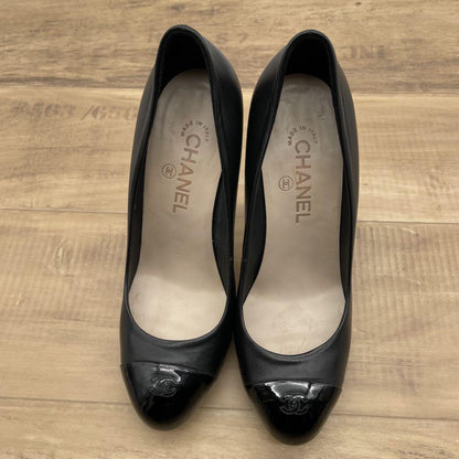 CHANEL Shoes Pumps Heel Cocomark EU 38.5 US 8.5 Leather Black Authentic
