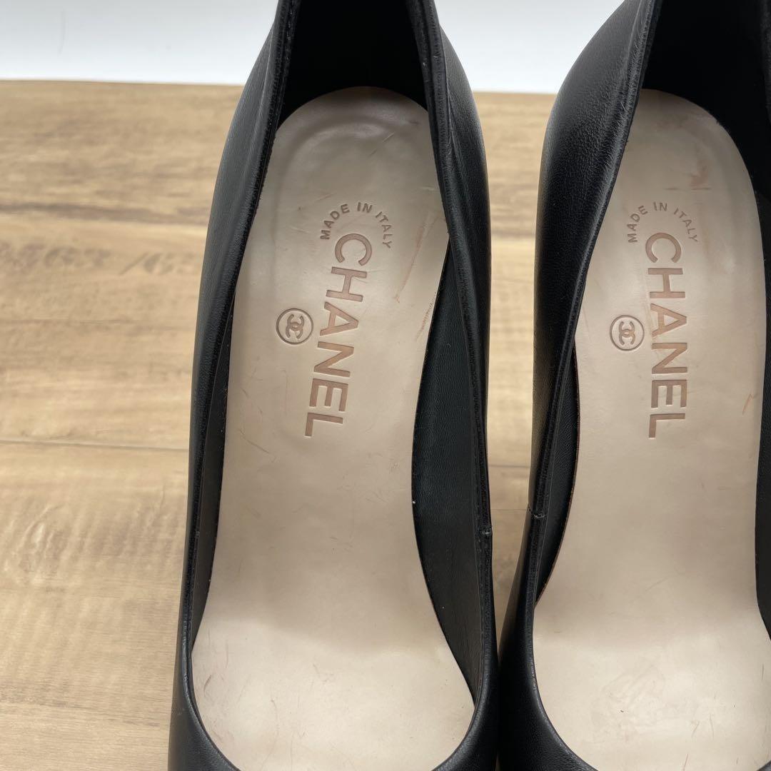 CHANEL Shoes Pumps Heel Cocomark EU 38.5 US 8.5 Leather Black Authentic