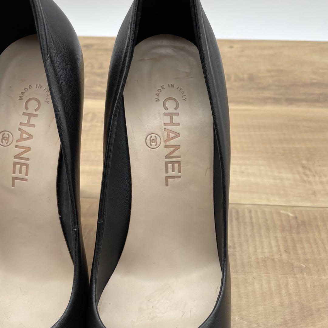 CHANEL Shoes Pumps Heel Cocomark EU 38.5 US 8.5 Leather Black Authentic