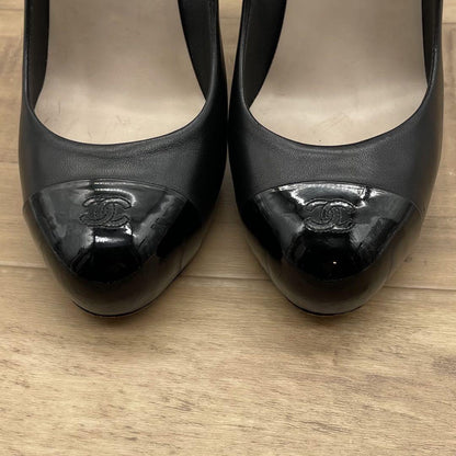 CHANEL Shoes Pumps Heel Cocomark EU 38.5 US 8.5 Leather Black Authentic