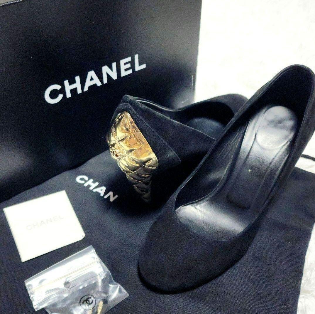 CHANEL Shoes Pumps Heel Cocomark EU 37 US 7 Suede Metal Black Authentic