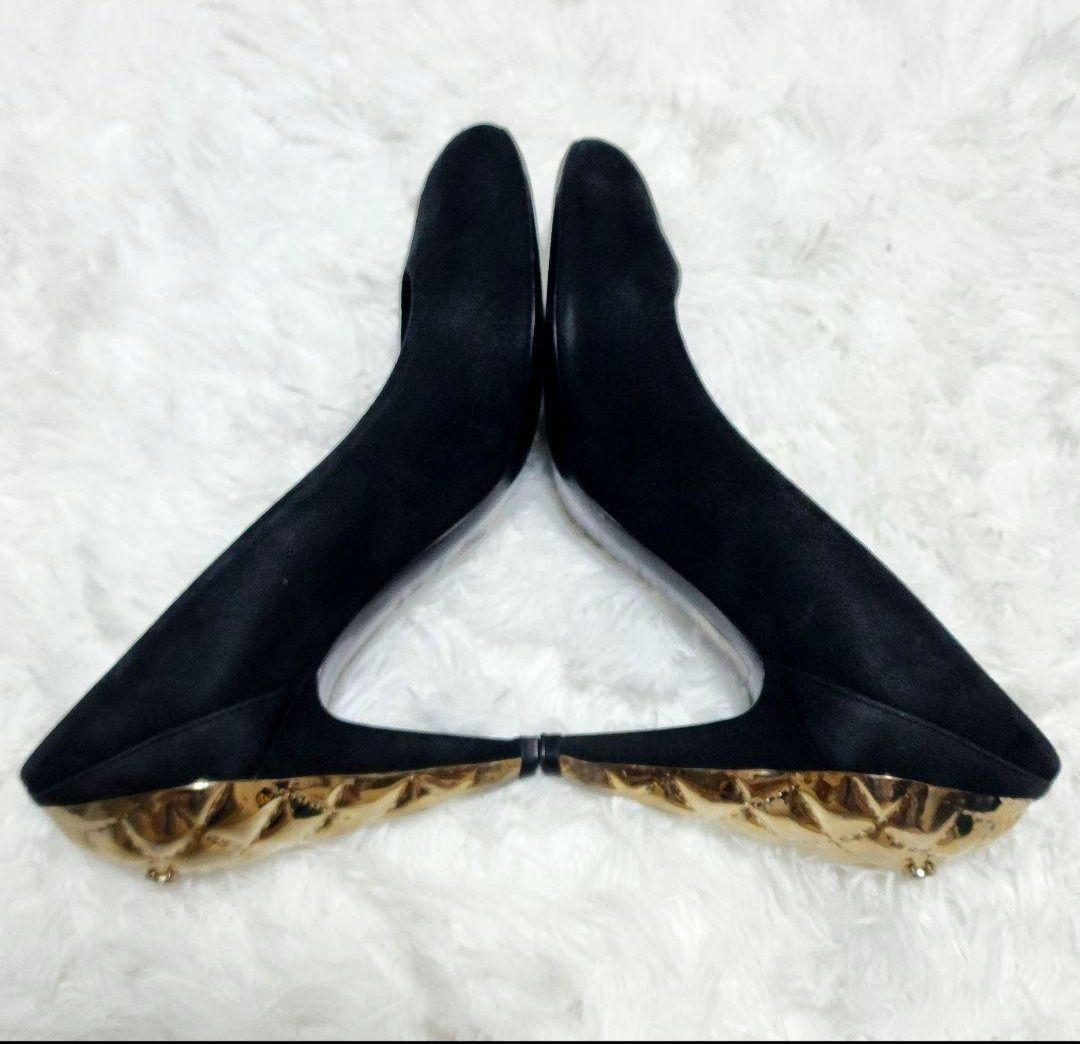 CHANEL Shoes Pumps Heel Cocomark EU 37 US 7 Suede Metal Black Authentic