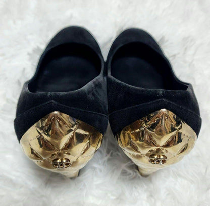 CHANEL Shoes Pumps Heel Cocomark EU 37 US 7 Suede Metal Black Authentic