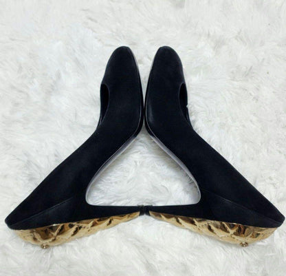 CHANEL Shoes Pumps Heel Cocomark EU 37 US 7 Suede Metal Black Authentic