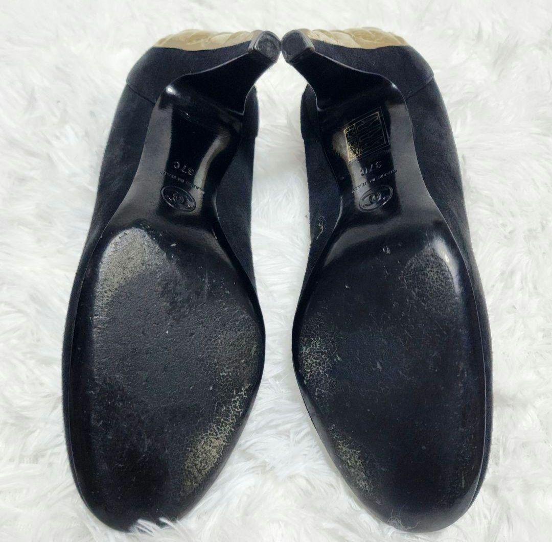 CHANEL Shoes Pumps Heel Cocomark EU 37 US 7 Suede Metal Black Authentic