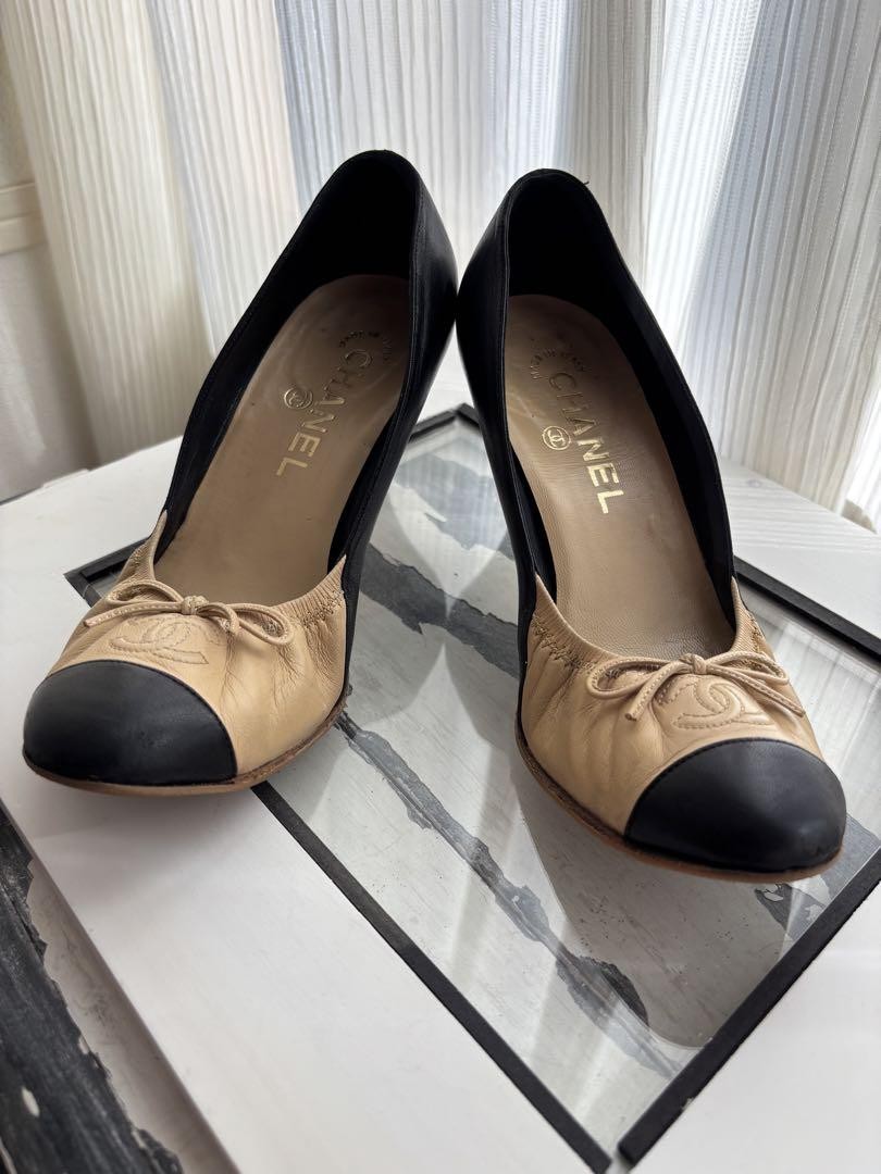 CHANEL Shoes Pumps Heel Cocomark EU 36 US 6 Beige Black Authentic