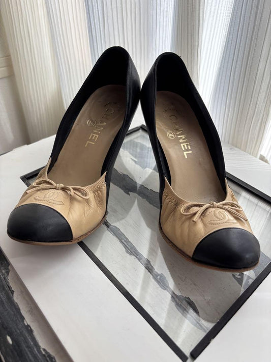 CHANEL Shoes Pumps Heel Cocomark EU 36 US 6 Beige Black Authentic