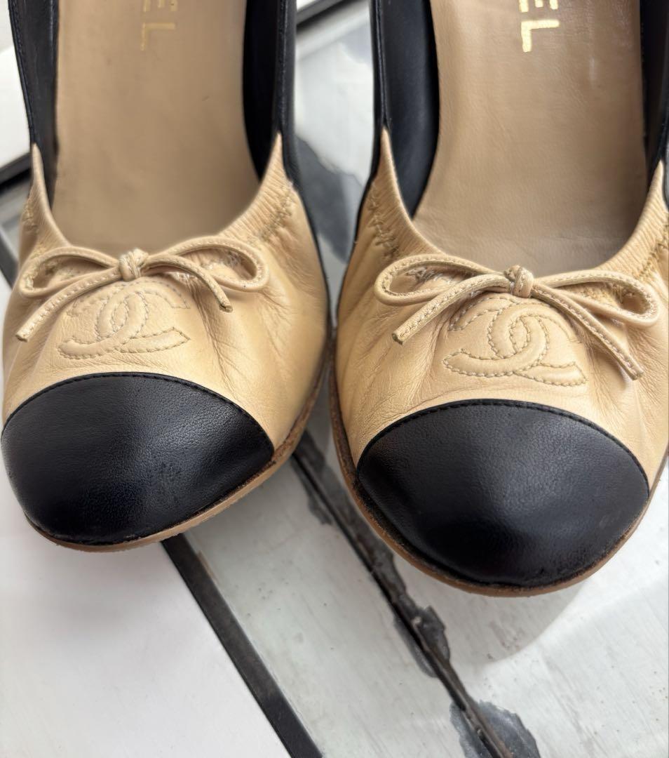CHANEL Shoes Pumps Heel Cocomark EU 36 US 6 Beige Black Authentic
